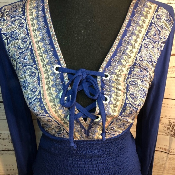 Blue Long Sleeve Blouse with Tie Front Ruffles and Smocked Waist - Picture 6 of 11